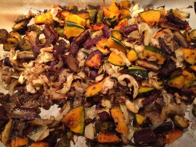 Roasted Veggies with Squash, Onions, Carrots and Brussels Sprouts